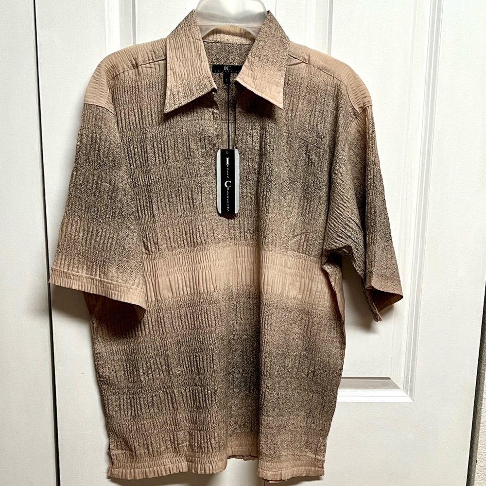 IC COLLECTION Beige and Brown Textured Short Sleeve Polo Size L NWT